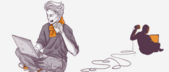Illustration of two people, one sitting with a laptop and another in the background with their head in their hands, possibly distressed, both connected by a cord.