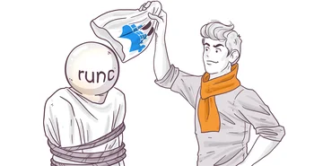 Illustration of a man with an orange scarf revealing the Docker logo on a shirt to another figure with "runc" on a spherical head, suggesting the Docker software's reliance on 'runc'.