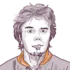 Illustration of a young man with a light beard, looking directly at the viewer. He wears a collared shirt, and the image uses a purple-toned color palette with abstract background elements.