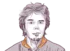 Illustration of a young man with a light beard, looking directly at the viewer. He wears a collared shirt, and the image uses a purple-toned color palette with abstract background elements.