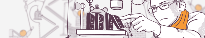 Illustration of a focused man with glasses tinkering with a whimsical machine, including gears and a teapot, on a workbench, in a purple and orange color scheme.