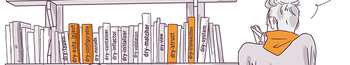 Illustration of a person with gray hair standing in a library, looking at a shelf full of books with various titles prominently displaying the word "Django," implying a focus on learning the Django web framework.
