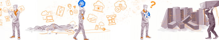 Illustration of a journey from idea to execution featuring a person brainstorming, navigating obstacles, holding a cube with symbols, looking perplexed, and another carrying a large cube towards buildings connected by wires.