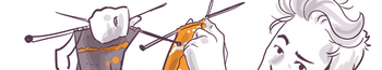 Illustration of two hands knitting with needles and yarn, with a whimsical face doodled on the hand to the left, giving the appearance of a character knitting.