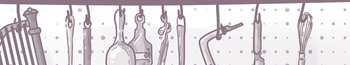 Line art illustration of assorted kitchen utensils hanging on hooks, including a spatula, ladle, whisk, and tongs, with a patterned background.