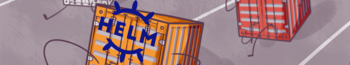 Illustration of stylized shipping containers with the word "HELM" written on one, and various abstract designs and lines in a purple-toned background.