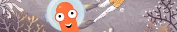 A stylized cartoon octopus wearing a space helmet underwater with coral in the background and a paintbrush painting stars and a planet.
