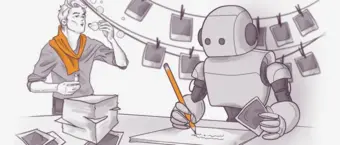 Illustration of a man blowing bubbles and a robot writing at a desk, both surrounded by floating photographs in a whimsical setting.