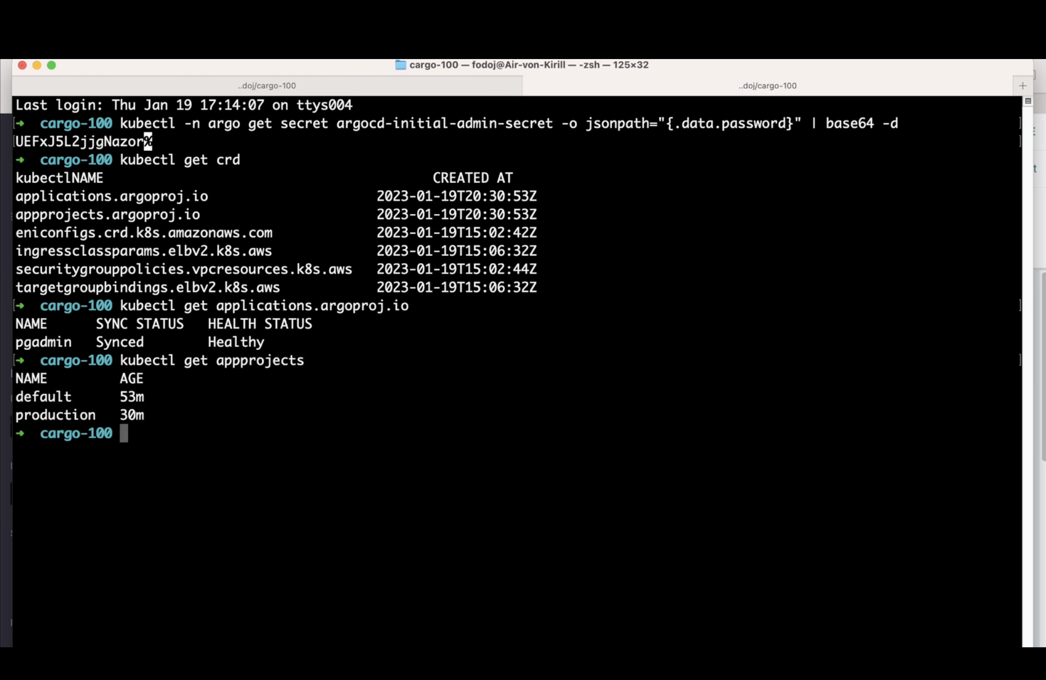 A computer terminal screen with text displaying various command line instructions and outputs related to Kubernetes operations, including `kubectl` commands for Argo CD.