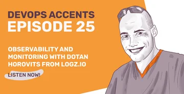 Promotional graphic for DevOps Accents Episode 25 featuring a stylized illustration of a smiling man with text about observability and monitoring, with a call to action to listen now.