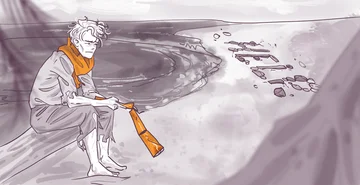 Monochrome illustration of a forlorn character sitting on the ground, holding a gun, with a scarf around the neck, overlooking a beach with footsteps leading away.