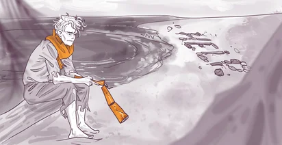 Monochrome illustration of a forlorn character sitting on the ground, holding a gun, with a scarf around the neck, overlooking a beach with footsteps leading away.