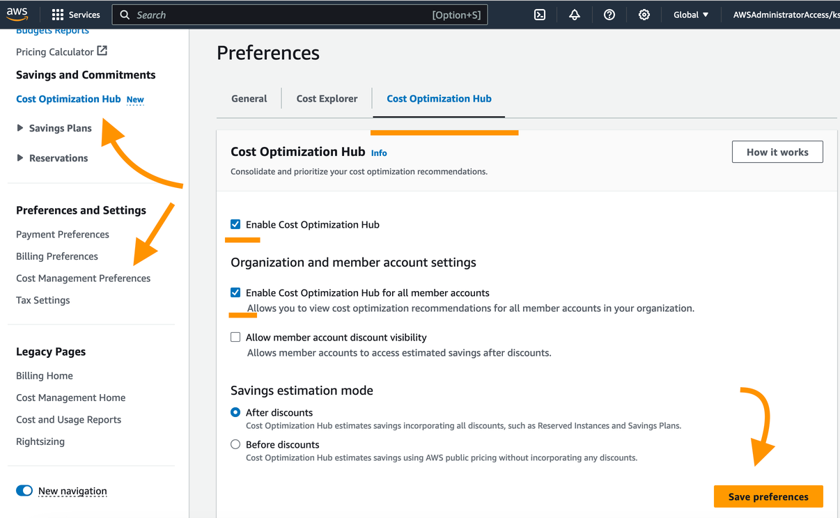 Screenshot of AWS Cost Optimization Hub settings with options to enable for all accounts, allow discount visibility, and select savings estimation mode, with 'Save preferences' button.