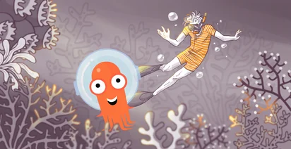 Illustration of a cheerful cartoon octopus wearing an astronaut helmet next to a human diver swimming underwater among stylized coral reefs.