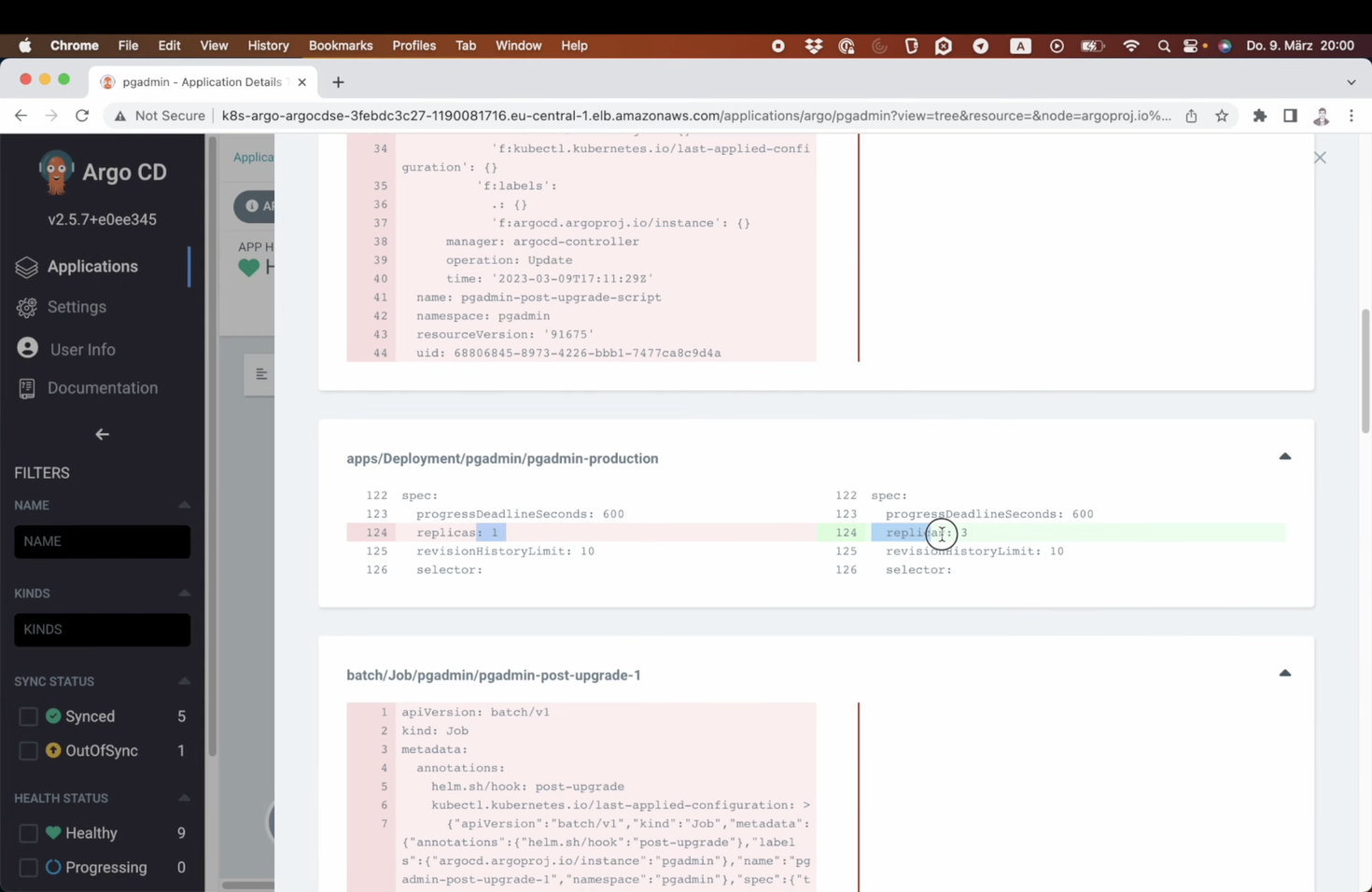 Screenshot of a computer screen displaying a diff comparison in Argo CD user interface, showing a change in Kubernetes deployment YAML from 'replicas: 1' to 'replicas: 3'.