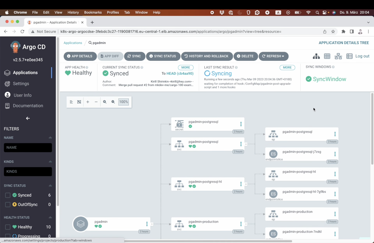 Screenshot of an Argo CD application dashboard showing an application's details with topological view of deployment status including health and synchronization information.