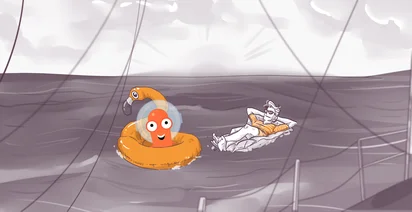 Illustration of an animated octopus in an orange lifebuoy and a fish in sunglasses on a raft, both stranded in rough sea waters, viewed between yacht railings under a gloomy sky.