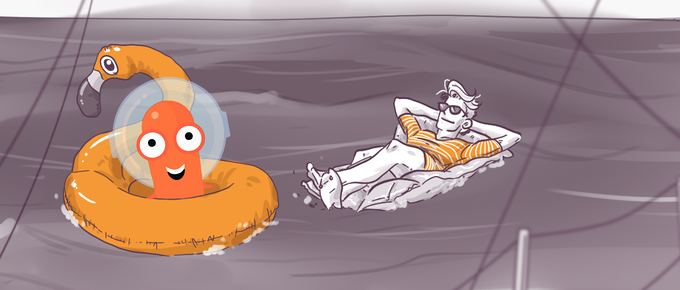 Illustration of an anthropomorphic octopus in an inflatable duck ring and a relaxed person on a floatie in a pool.