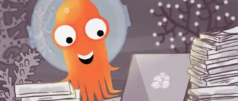 Animated orange octopus wearing an astronaut helmet, smiling in front of a laptop with stacks of books, with coral and bubbles in the background.