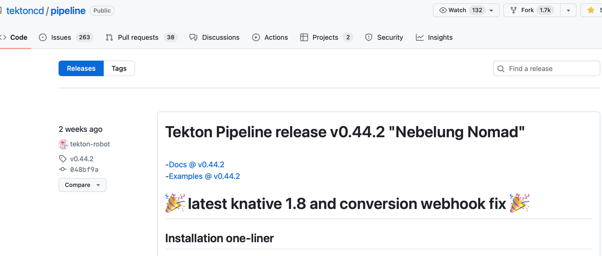 Screenshot of Tekton Pipeline's GitHub page highlighting release v0.44.2 'Nebelung Nomad' with details on documentation, examples, and a note on the latest knative update.