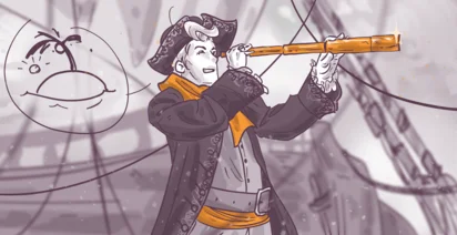 Illustration of a fancifully dressed pirate with a telescope, on a ship with ropes and rigging in the background, and a displeased doodled face on a floating bubble.