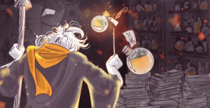 Illustration of a whimsical alchemist in a dark laboratory, mixing glowing potions with animated expressions, surrounded by stacks of books and shelves filled with various bottles.