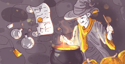 An illustration of a witch stirring a bubbling cauldron with a wooden spoon, surrounded by floating potion bottles, a recipe scroll, and pumpkins, with a whimsical and magical ambiance.