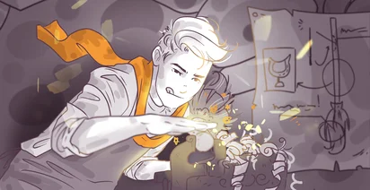 Illustration of a person with light-colored hair casting a magical spell over a bubbling cauldron, with sparks flying and drawings of potion ingredients in the background.