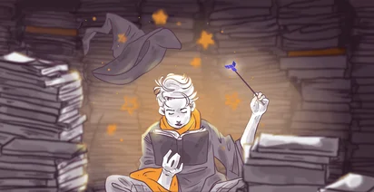 A stylized illustration of a person reading a book with concentration, surrounded by floating golden stars, holding a wand with a star on its tip. They're sitting in a cozy, dimly lit room filled with stacked books.