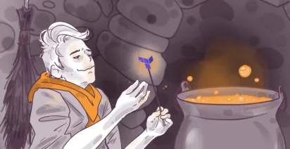 Illustrated image of a person with white hair wearing an orange scarf, holding a pinwheel, staring at it contemplatively, with a bubbling cauldron in the background.