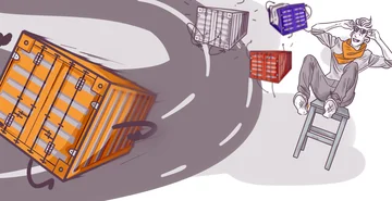 Illustration of a person sitting on a chair looking stressed while surrounded by swirling shipping containers, symbolizing the concept of supply chain issues or logistics challenges.