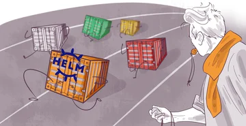 Illustration of a person in a white outfit with a whistle looking at floating colorful cargo containers with "HELM" written on one. The scene suggests whimsical or gravity-defying logistics.