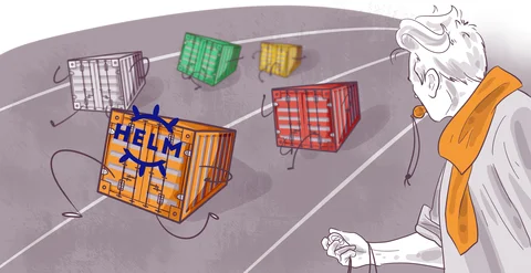 Illustration of a person in a white outfit with a whistle looking at floating colorful cargo containers with "HELM" written on one. The scene suggests whimsical or gravity-defying logistics.