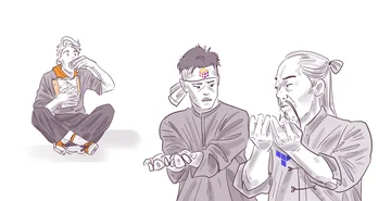 Three illustrated characters showing different reactions: one casually eating snacks, another with a bandaged head and unhappy expression, and the last one sneezing into a tissue.