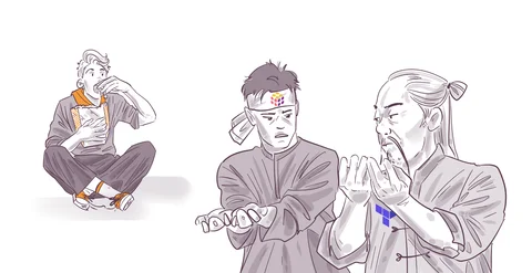 Three illustrated characters showing different reactions: one casually eating snacks, another with a bandaged head and unhappy expression, and the last one sneezing into a tissue.