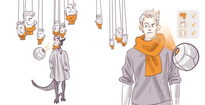 An illustrated image featuring a character with a cat-like lower body and human upper body, with multiple expressive faces hanging on strings in the background, and a check-list highlighting completed changes.