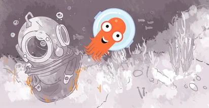 A whimsical illustration of an orange octopus wearing an astronaut's helmet next to a discarded deep-sea diver's helmet among underwater flora.