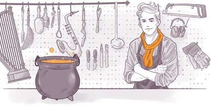 Illustration of a young man with folded arms next to a bubbling cauldron with various kitchen utensils hanging in the background.