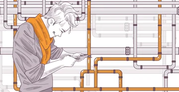 Illustration of a person in a grey and orange outfit working on or inspecting complex piping or ductwork machinery.