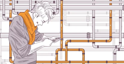 Illustration of a person in a grey and orange outfit working on or inspecting complex piping or ductwork machinery.