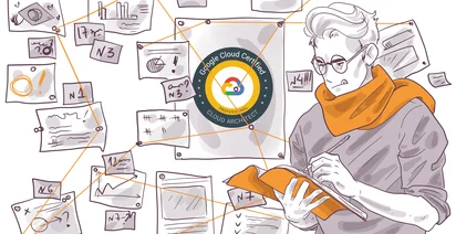 Illustration of a person studying for a Google Cloud Certified Professional Cloud Architect exam surrounded by study notes and diagrams.