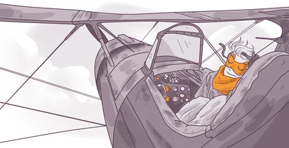 An illustration of a person napping in the cockpit of a vintage biplane, wearing an orange scarf and goggles, with fluffy clouds in the background.