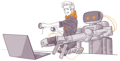 Illustration of a young person and a large robot sitting side by side, using a laptop with wires connecting them, highlighting human-robot collaboration.