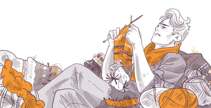 Illustration of a person knitting with a serious expression, surrounded by yarn and fabric, in a monochrome color scheme with orange accents.