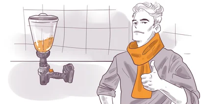 Illustration of a person with an orange scarf giving a thumbs-up next to a mechanical prosthetic leg filled with an orange fluid, set against a grid background.