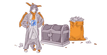 A character in a dragon costume standing beside a treasure chest and a bag overflowing with envelopes, with scattered letters and coins on the ground.