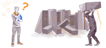 Illustration of a man holding a blueprint with a startled expression looking at a server rack being lifted by a creature resembling a bear, set against a stylized orange background with technical drawings.