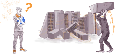 Illustration of a man holding a blueprint with a startled expression looking at a server rack being lifted by a creature resembling a bear, set against a stylized orange background with technical drawings.