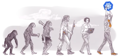 Illustration depicting the evolution of man, starting with apes and culminating with a human holding up a Kubernetes symbol, symbolizing technological advancement.