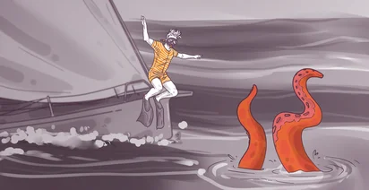 Illustration of a person in a vintage swimsuit and goggles diving off a boat with a stylized sea monster's tentacles emerging from the water nearby.